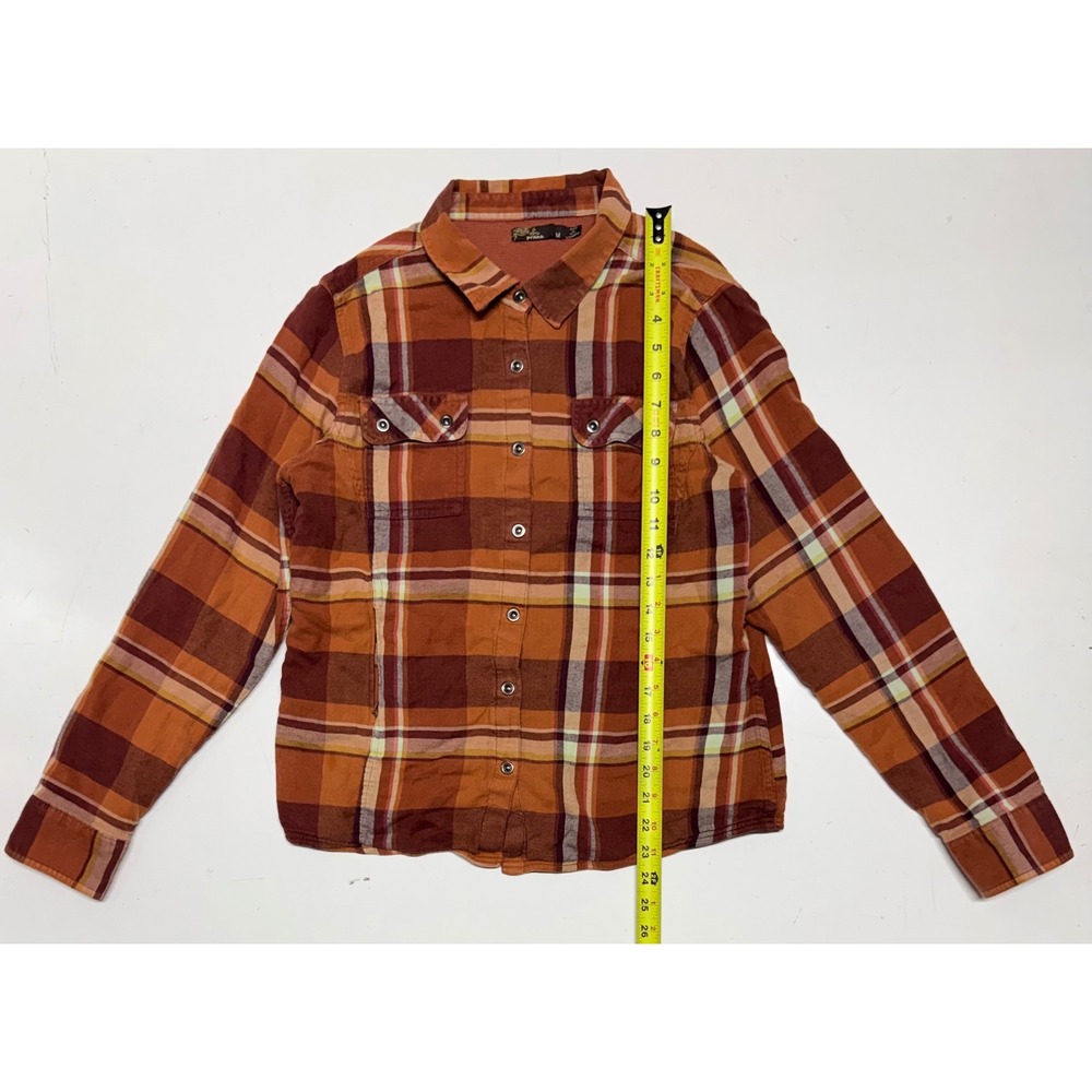 Prana Womens‎ M Orange Plaid Lined Flannel Snap Front Long Sleeve Shirt Jacket